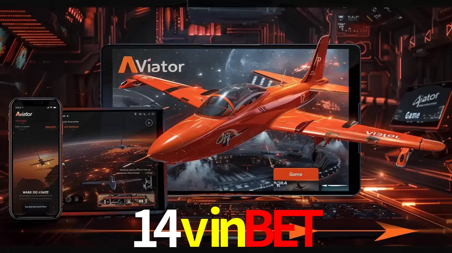 Apresentação tecnológica do jogo Aviator com um avião saindo da tela de um tablet, demonstrando a experiência imersiva em múltiplos dispositivos no 14vinbet.