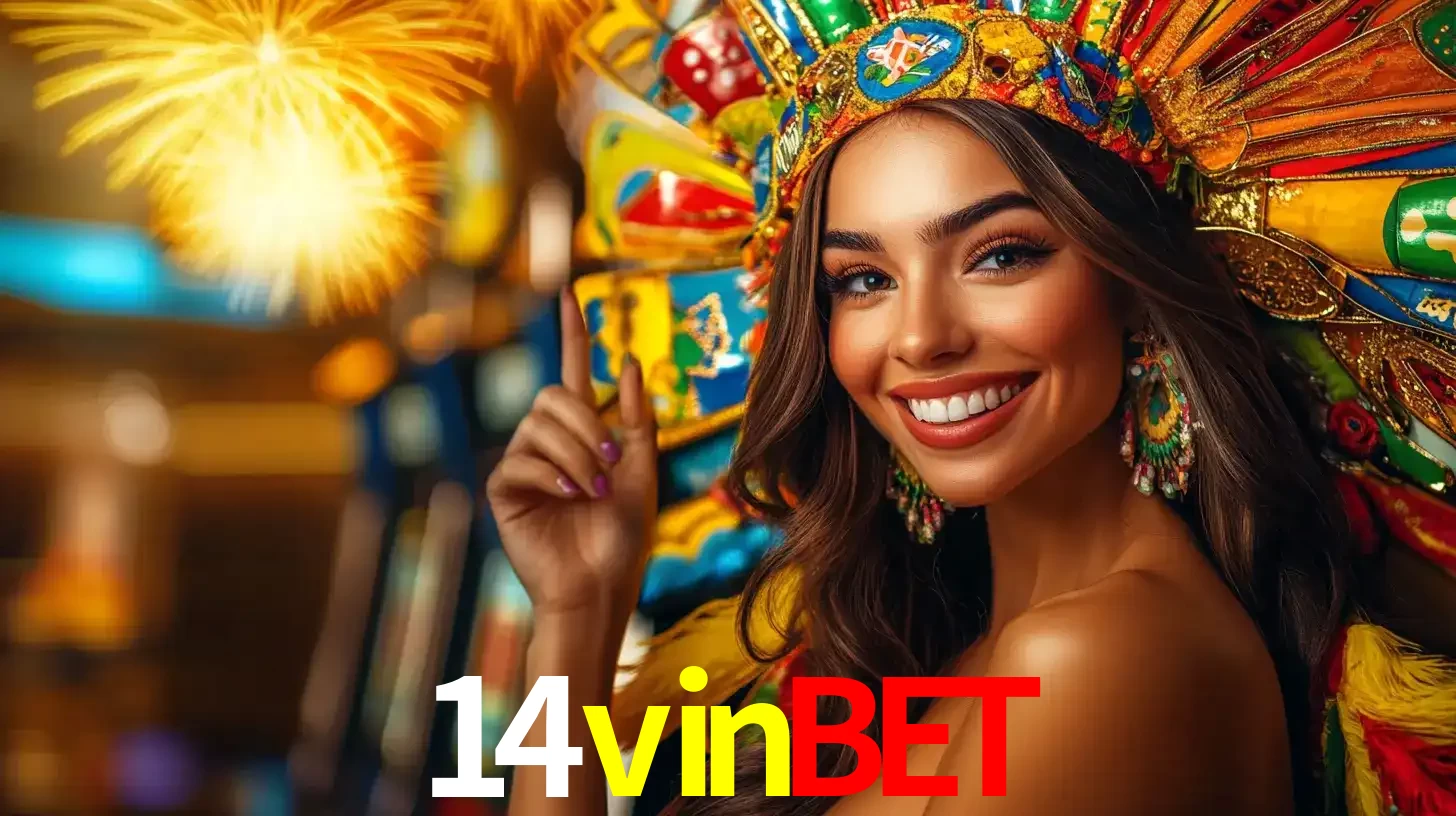 Mulher sorridente com um cocar de carnaval vibrante e colorido, celebrando uma grande vitória nos jogos do cassino 14vinbet com fogos de artifício ao fundo.