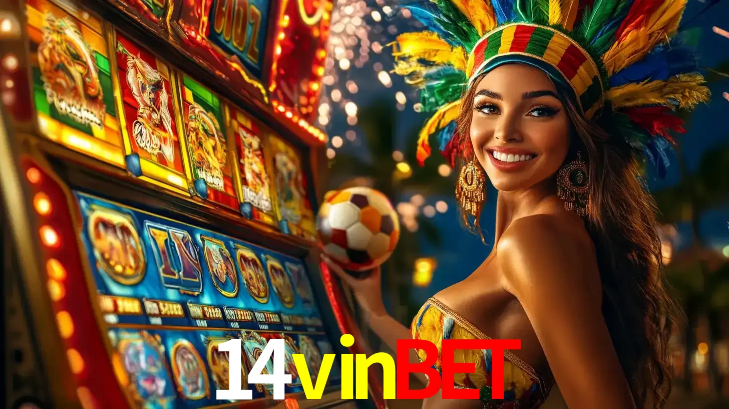 Mulher com um cocar de carnaval ao lado de uma máquina de caça-níqueis enquanto segura uma bola de futebol, mostrando a união da diversão de cassino e esportes no 14vinbet.