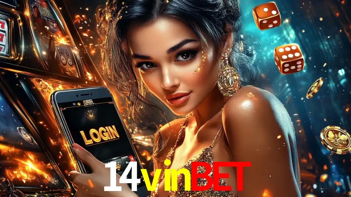 Mulher glamourosa segurando um celular com a tela de login do cassino 14vinbet, rodeada por dados e moedas douradas, pronta para começar a diversão.