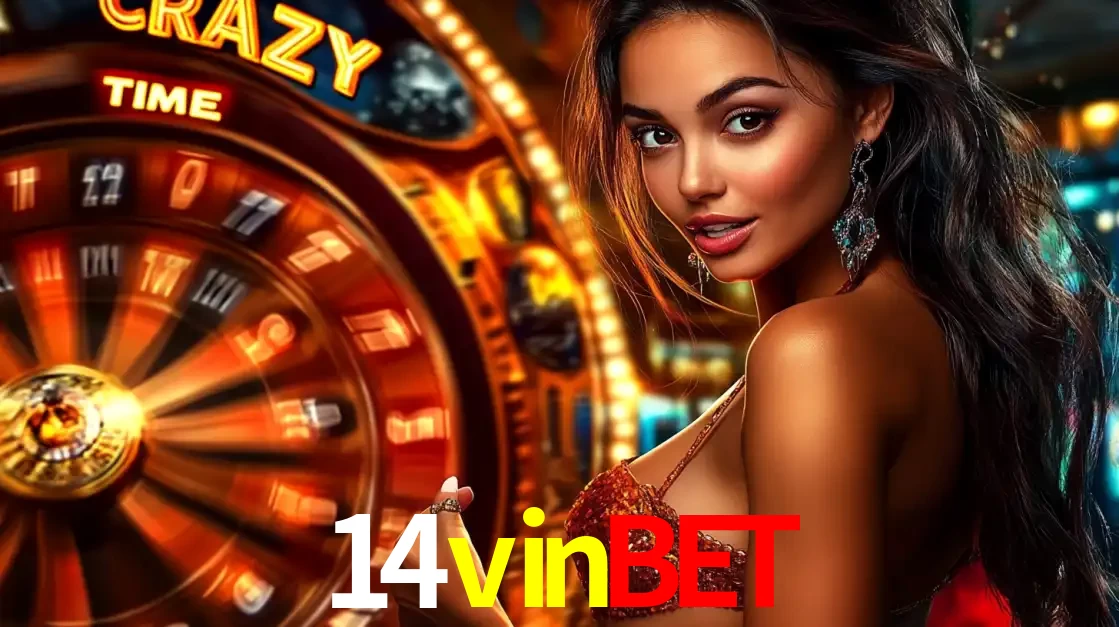 Mulher ao lado da roda de prêmios do jogo de cassino ao vivo Crazy Time, um dos shows de jogos mais emocionantes oferecidos pela plataforma de apostas 14vinbet.