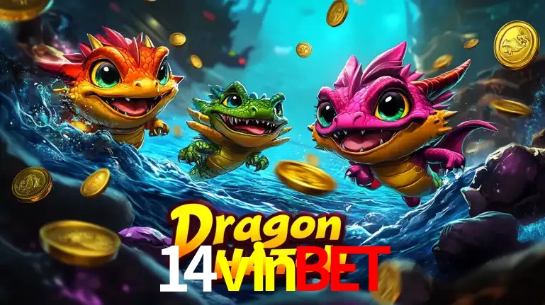 Arte promocional do jogo Dragon Hatch com três adoráveis dragões bebês nadando entre moedas de ouro, um dos slots mais divertidos para jogar no cassino 14vinbet.