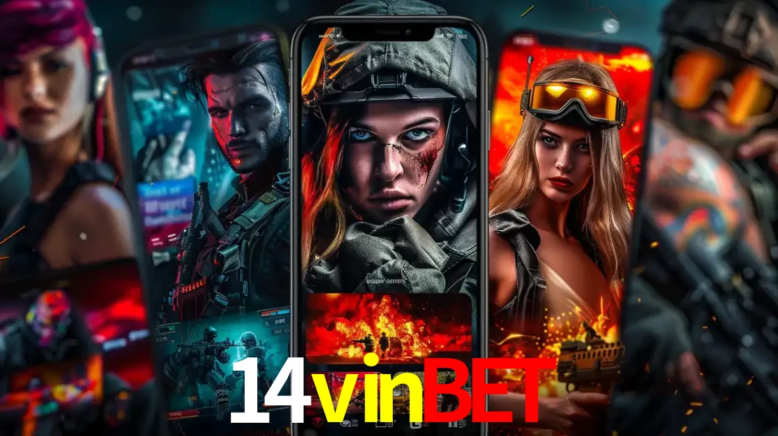 Montagem de telas de celular mostrando diversos personagens, masculinos e femininos, de um jogo de tiro, ilustrando a diversidade de equipes de e-sports para apostar no 14vinbet.