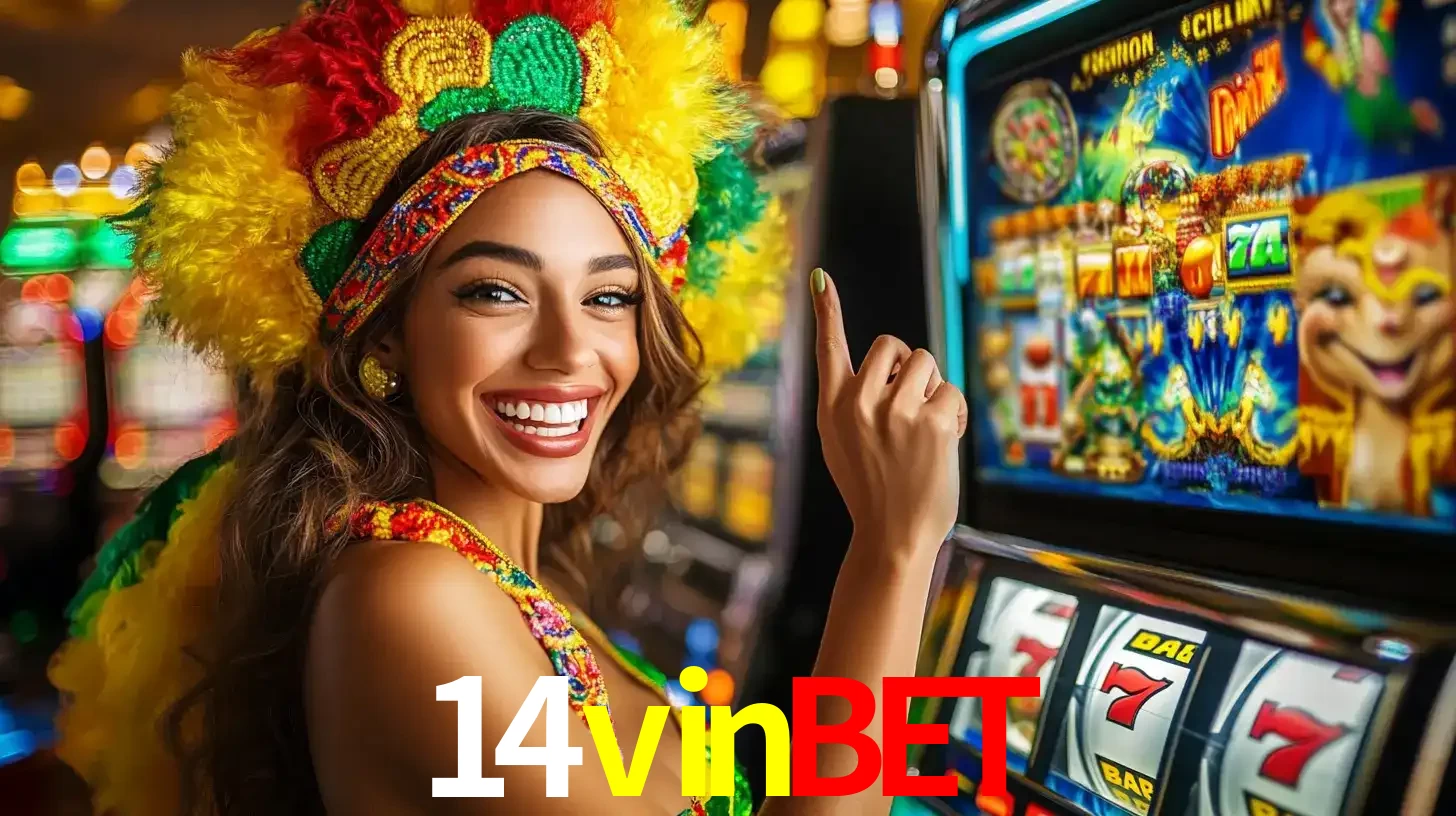 Mulher animada com um cocar de carnaval apontando para uma máquina de caça-níqueis, mostrando a emoção de ganhar um grande prêmio nos jogos do 14vinbet.