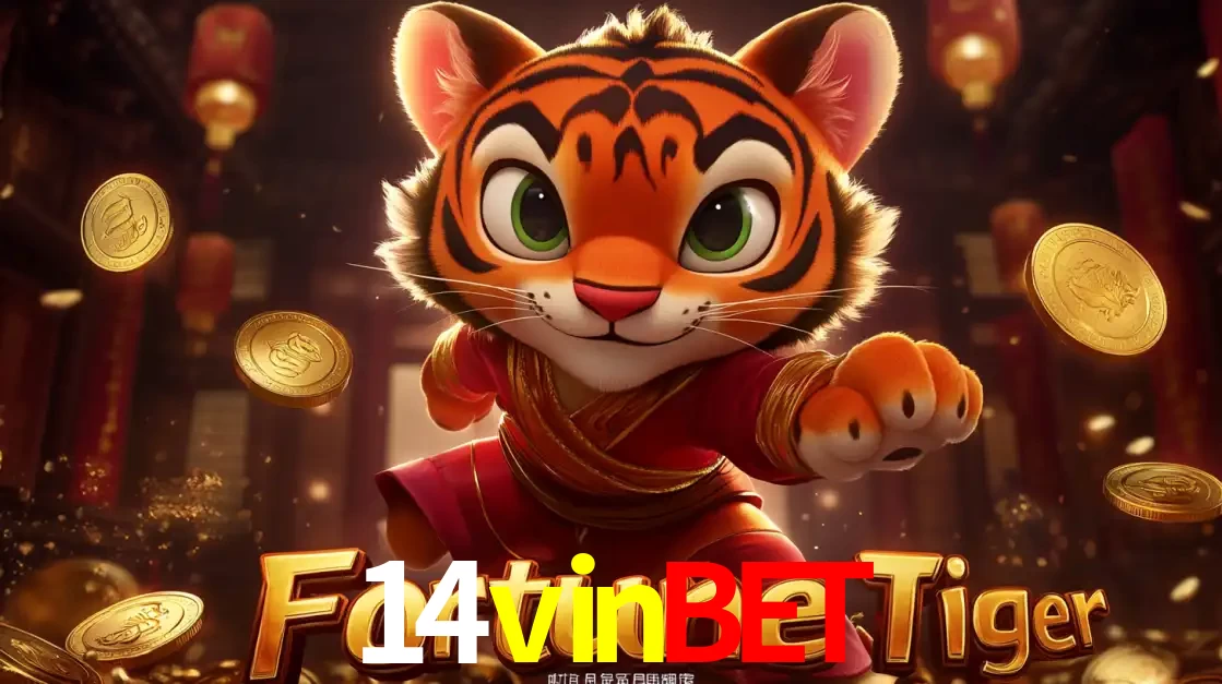 O carismático mascote do jogo de slot Fortune Tiger, um tigre fofo em pose de artes marciais, pronto para trazer sorte e multiplicadores de ganhos no cassino online 14vinbet.