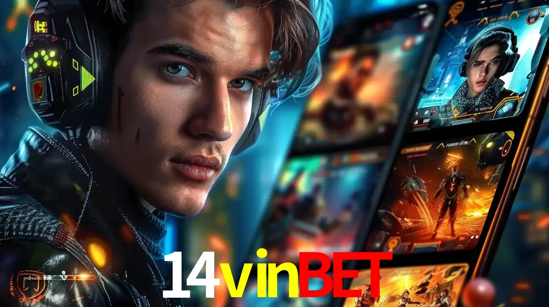 Jovem jogador com fones de ouvido olhando para a câmera, com um aplicativo de jogos e e-sports para celular ao fundo, pronto para a competição e apostas no 14vinbet.