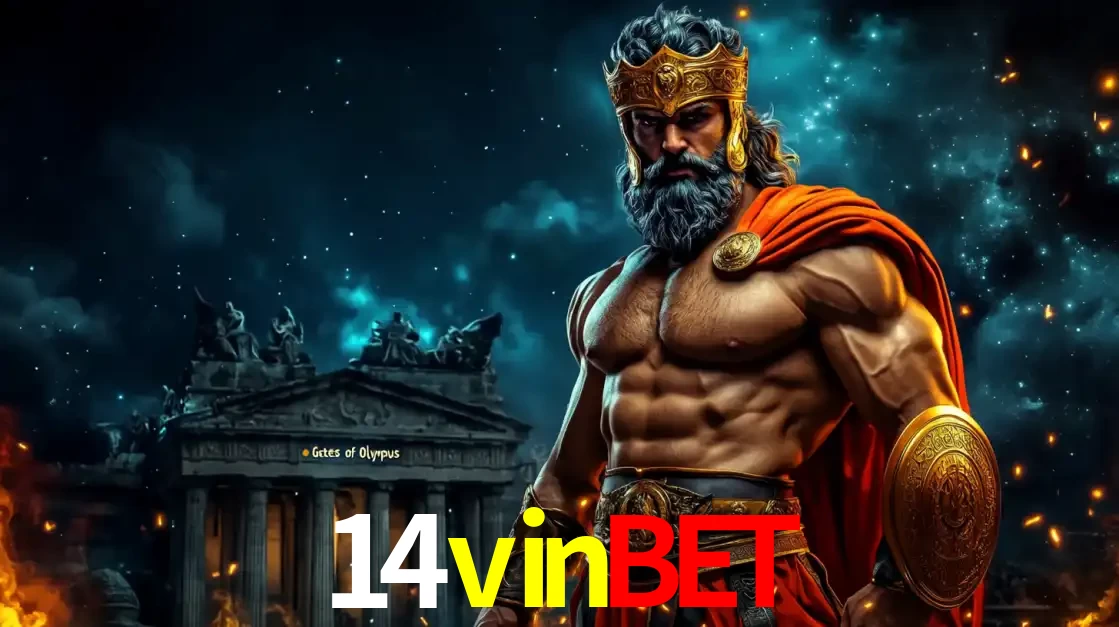 O poderoso Zeus do jogo de slot Gates of Olympus em frente ao seu templo, pronto para lançar multiplicadores divinos e prêmios épicos no cassino online 14vinbet.