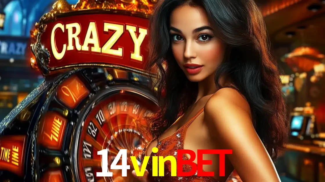 Mulher glamourosa olhando para a câmera com a roda vermelha do Crazy Time ao fundo em um ambiente de cassino, destacando a emoção dos jogos ao vivo no 14vinbet.