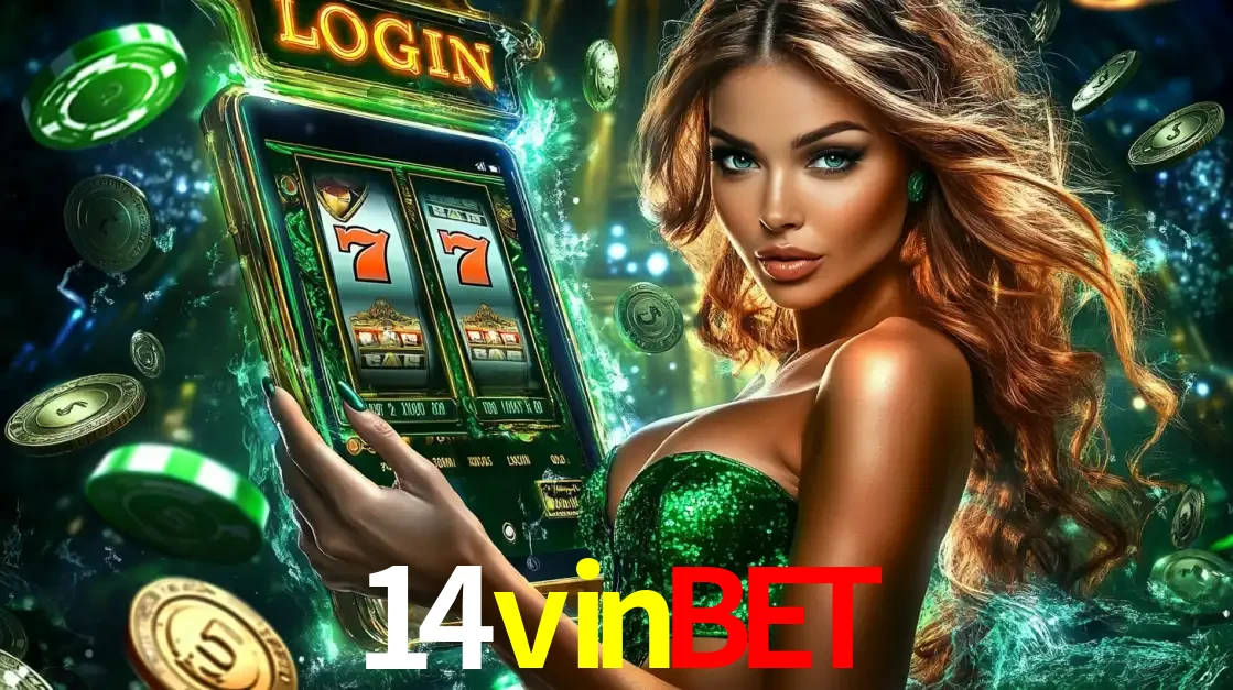 Mulher com tema verde apresentando o aplicativo do cassino 14vinbet com um jogo de slot de 777, cercada por fichas de cassino e uma aura de sorte.