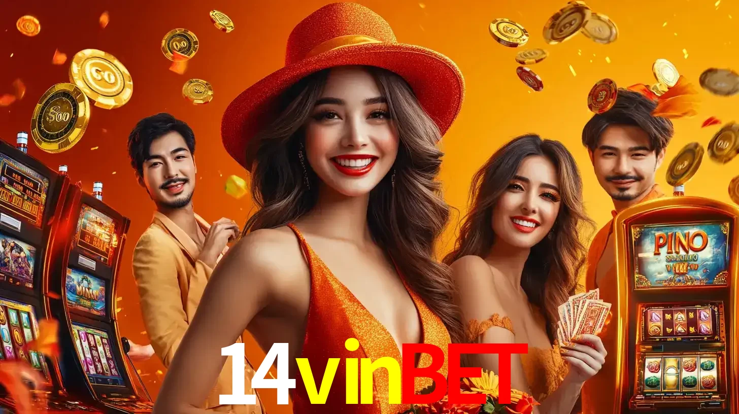 Grupo de amigos asiáticos sorrindo e se divertindo com máquinas de caça-níqueis em um ambiente festivo, celebrando suas vitórias nos jogos de cassino do 14vinbet.