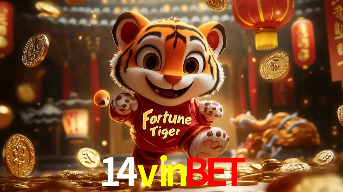 O alegre personagem do Fortune Tiger correndo sobre um caminho de moedas de ouro, simbolizando os grandes prêmios e a diversão do popular jogo de slot do 14vinbet.