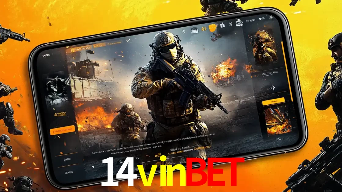 Um smartphone exibindo a interface de um jogo de tiro em primeira pessoa, com um soldado em um cenário de batalha, representando a ação dos e-sports para apostar no 14vinbet.