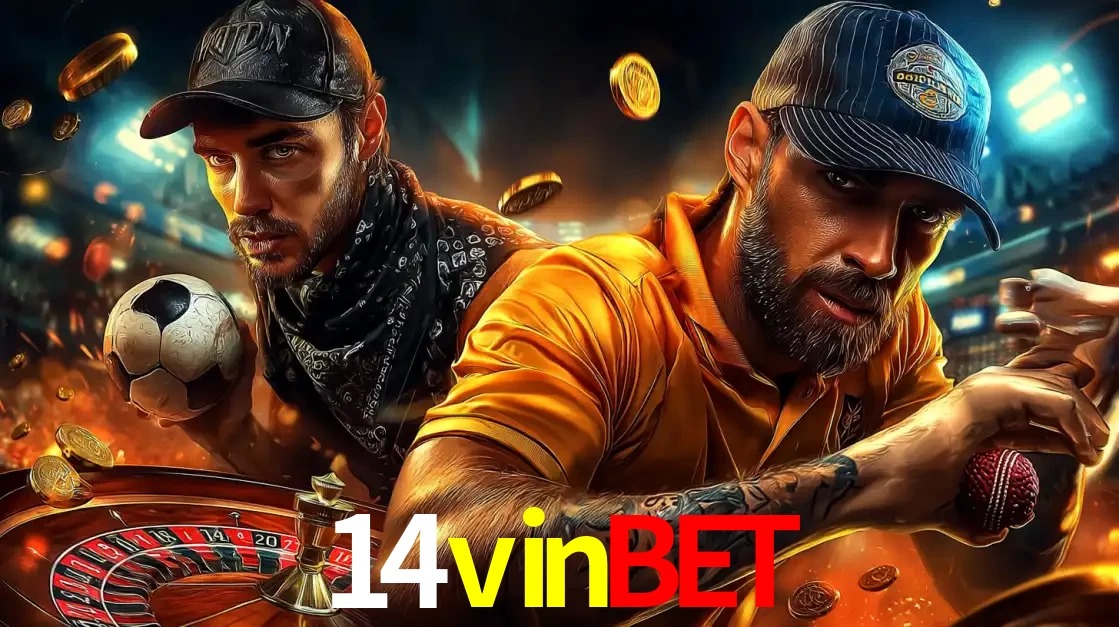 Montagem de apostas esportivas e cassino no 14vinbet, com um homem segurando uma bola de futebol e outro uma de beisebol sobre uma roleta e moedas voadoras.