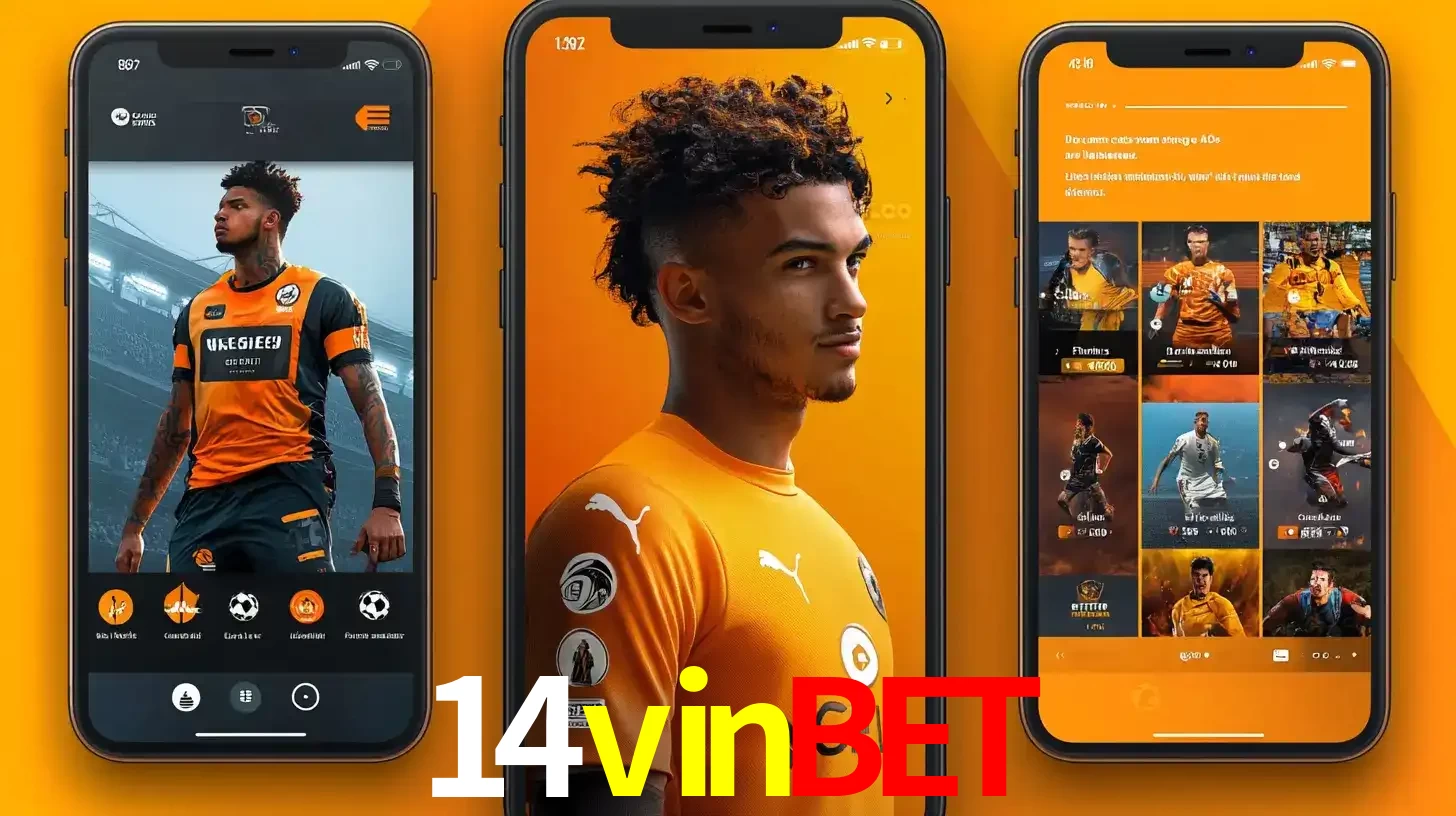 Interface do aplicativo de apostas esportivas 14vinbet em três telas de celular, mostrando o perfil de um jogador de futebol e a lista de jogos disponíveis para apostar.