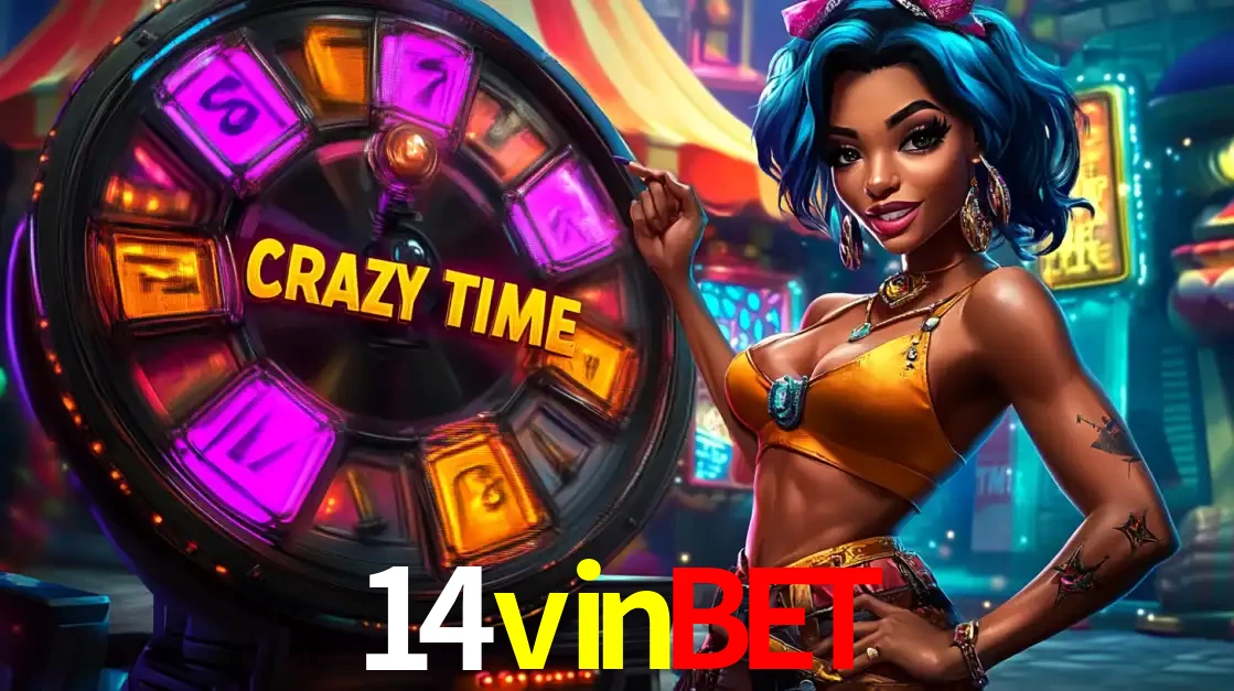 Mulher estilizada com cabelo azul e visual vibrante posando ao lado da roda de prêmios do game show Crazy Time, convidando para a diversão e os bônus do cassino 14vinbet.
