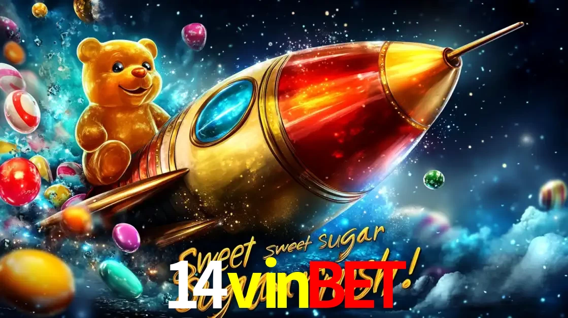 Arte promocional do jogo de slot Sugar Rush, com um urso de pelúcia em um foguete viajando pelo espaço de doces, um dos jogos divertidos disponíveis no cassino 14vinbet.
