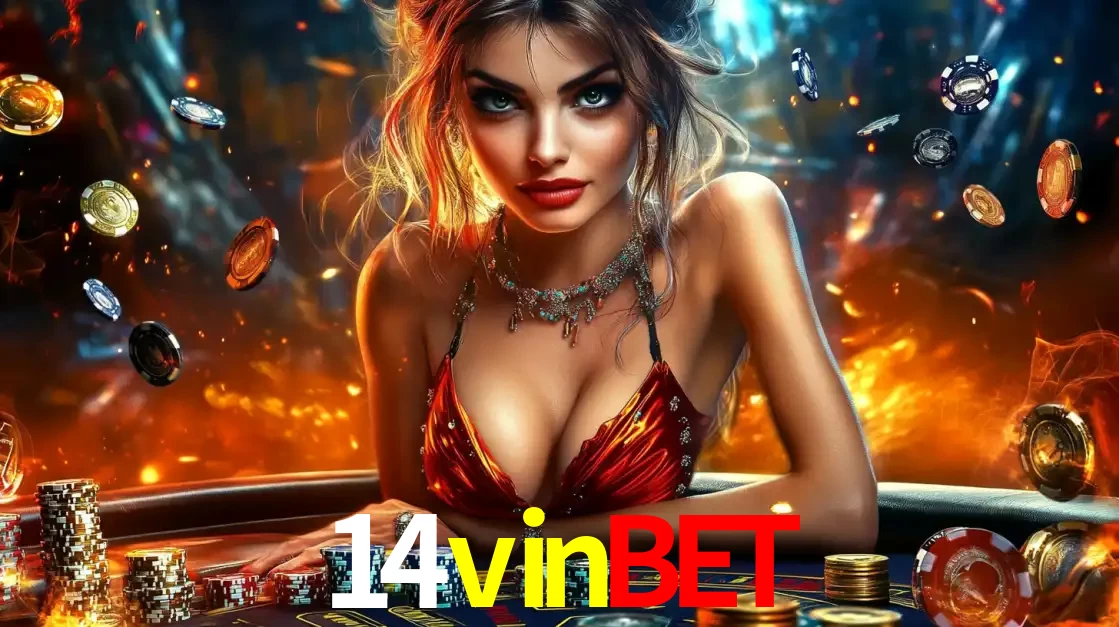 Mulher em uma mesa de cassino com pilhas de fichas e um fundo de fogo, pronta para uma rodada de altas apostas nos jogos de mesa emocionantes do cassino 14vinbet.