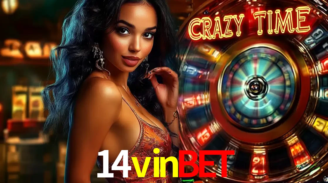 Mulher elegante ao lado da vibrante roda da fortuna do jogo de cassino ao vivo Crazy Time, um dos game shows mais populares e cheios de prêmios do 14vinbet.