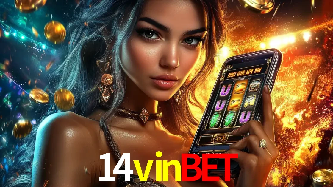 Mulher elegante mostrando um jogo de caça-níqueis em seu smartphone, destacando a experiência de cassino móvel oferecida pelo aplicativo 14vinbet.