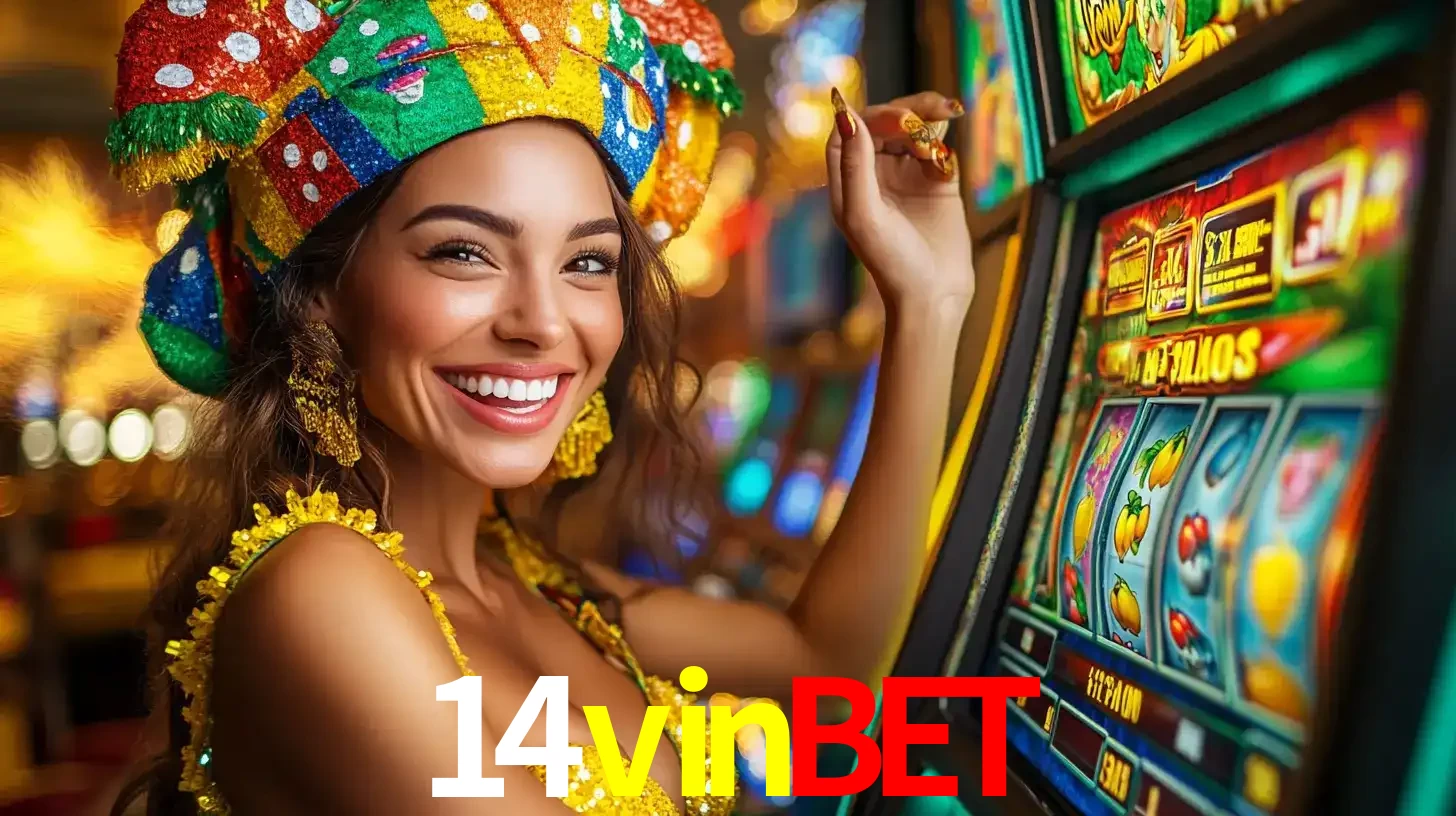 Mulher feliz com traje de carnaval amarelo e colorido ao lado de uma máquina de caça-níqueis, aproveitando a diversão e os jogos temáticos do cassino 14vinbet.
