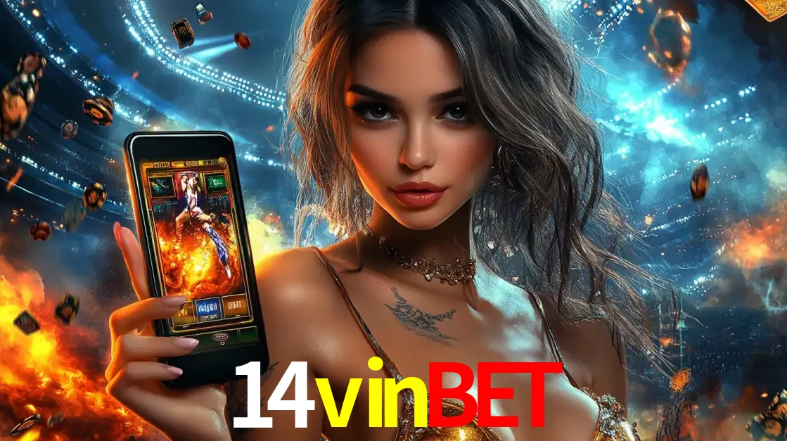 Mulher segurando um celular com um jogo de slot em destaque, tendo como fundo um estádio vibrante, simbolizando a emoção de jogar no cassino móvel 14vinbet.