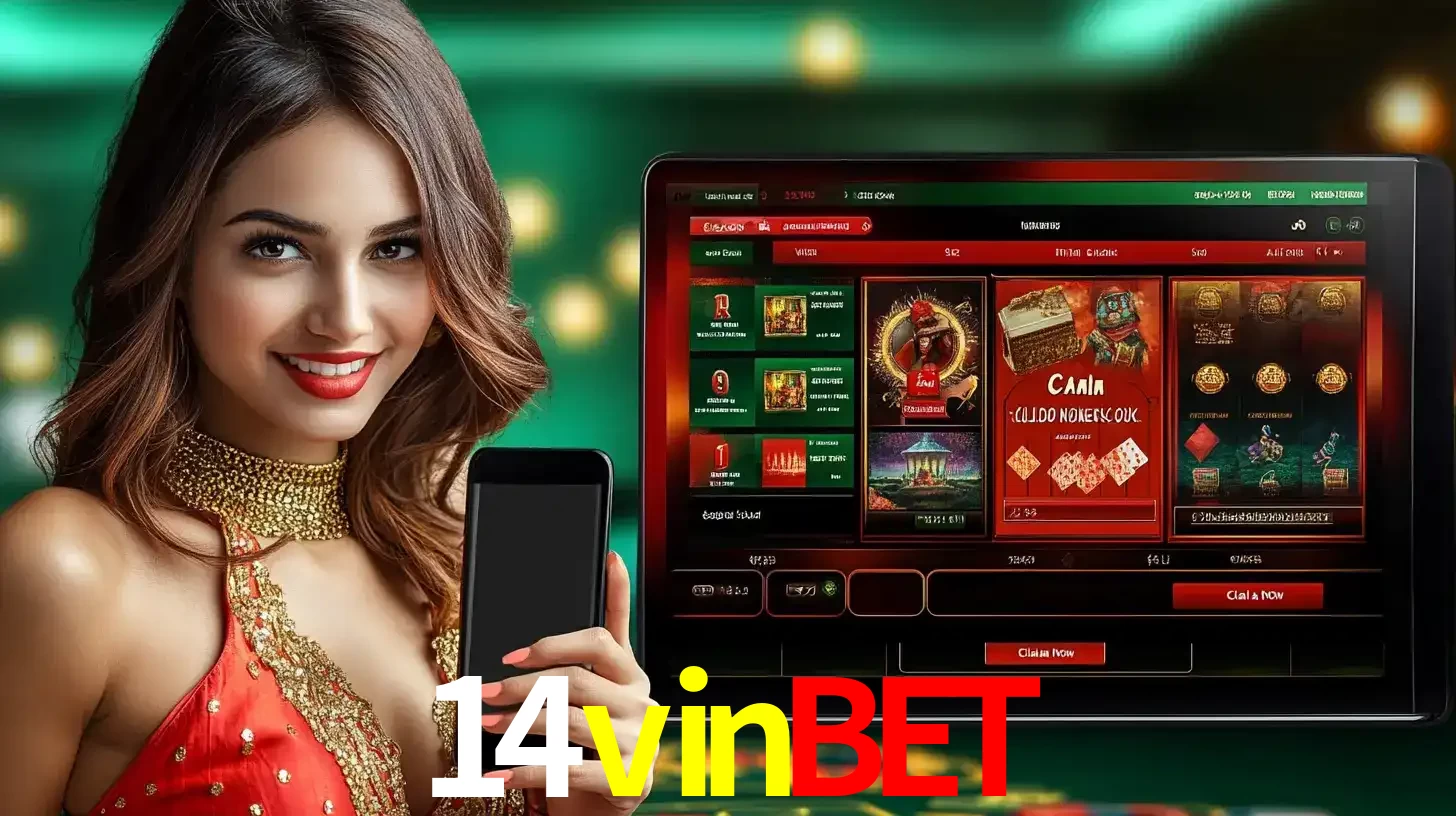 Mulher sorridente segurando um smartphone, ao lado de uma tela exibindo o lobby de jogos do cassino online 14vinbet, com várias opções de jogos de cartas e slots.